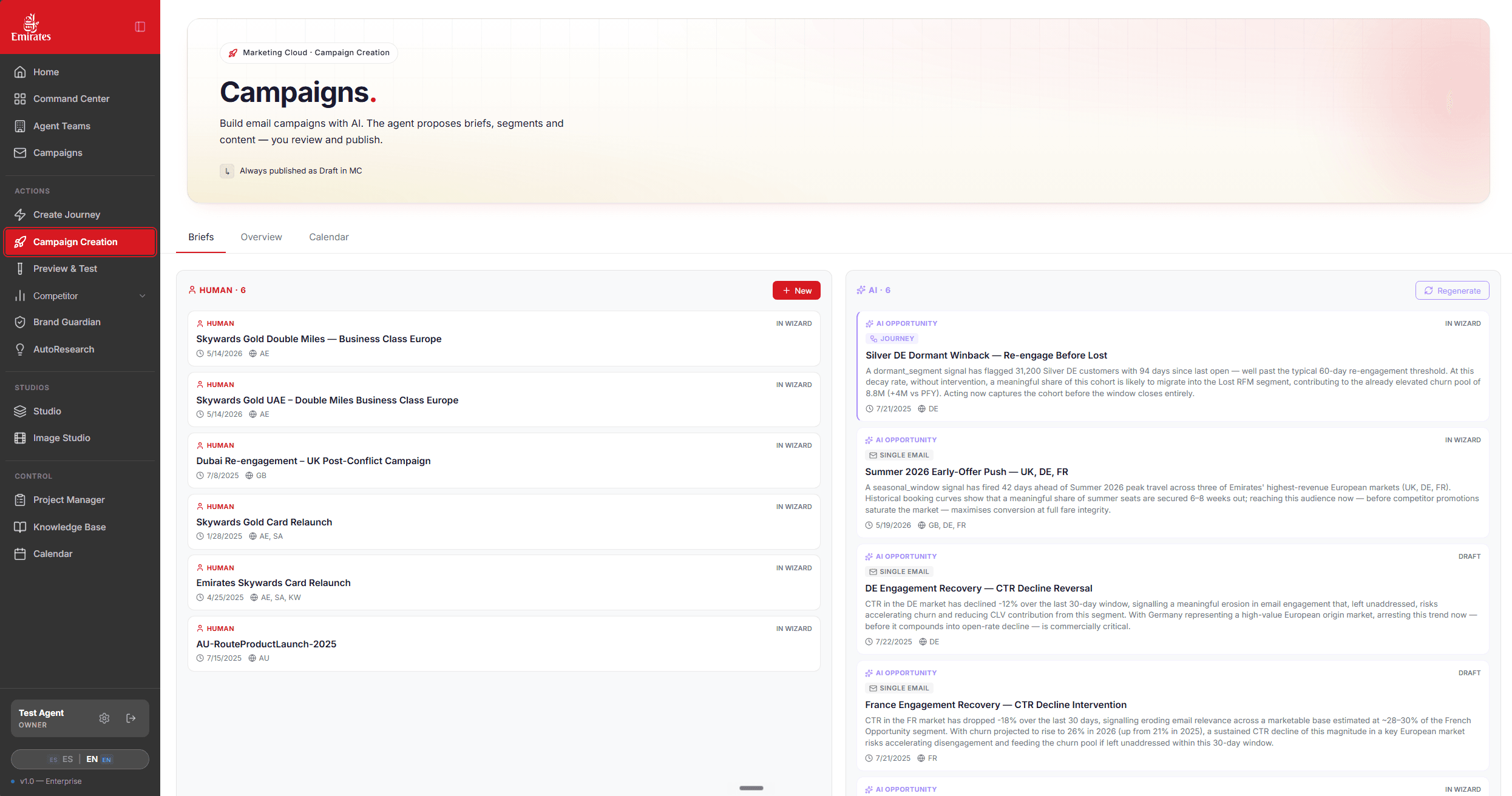 AgentOS campaign creation dashboard