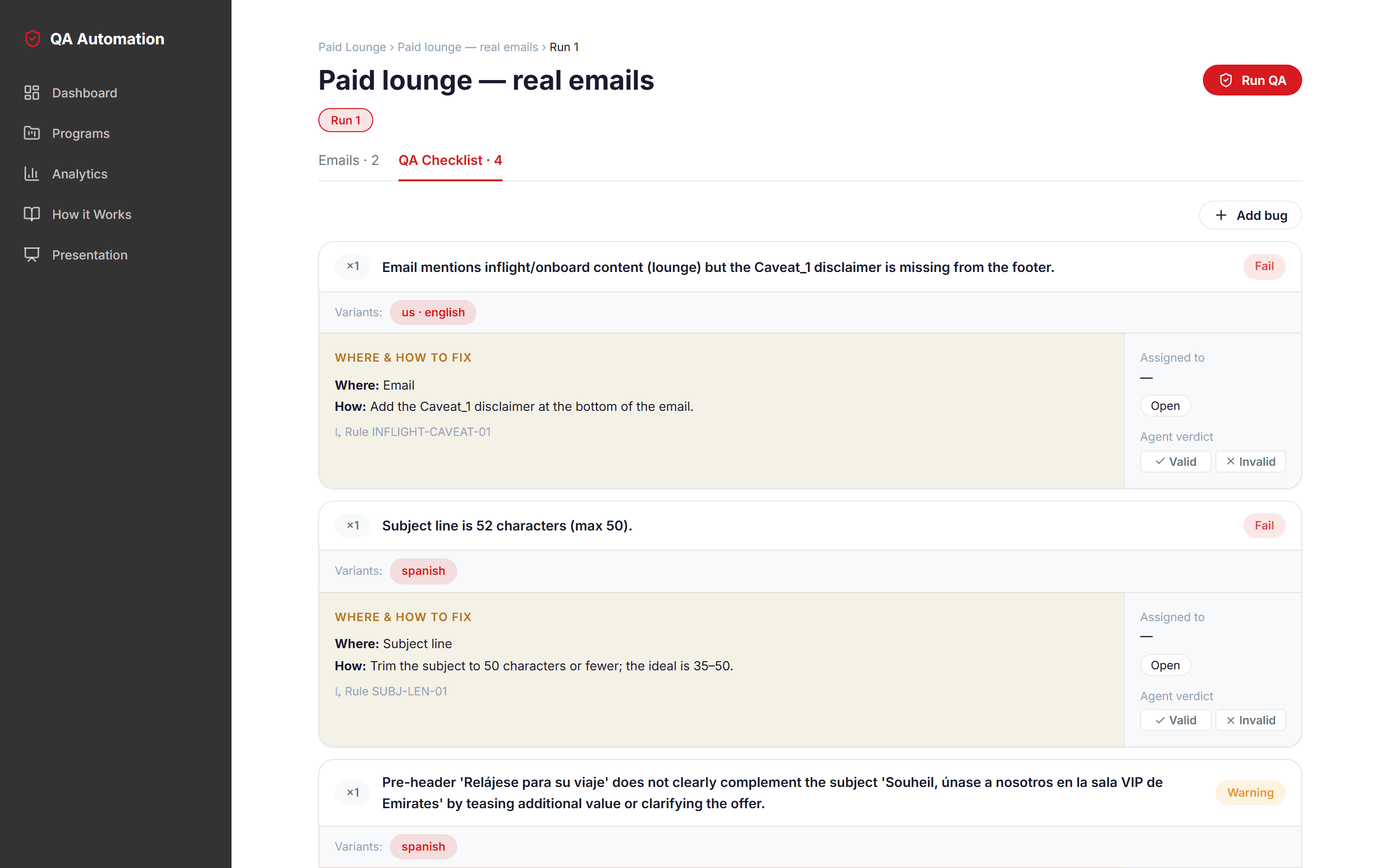 QA checklist — detected issues on a campaign