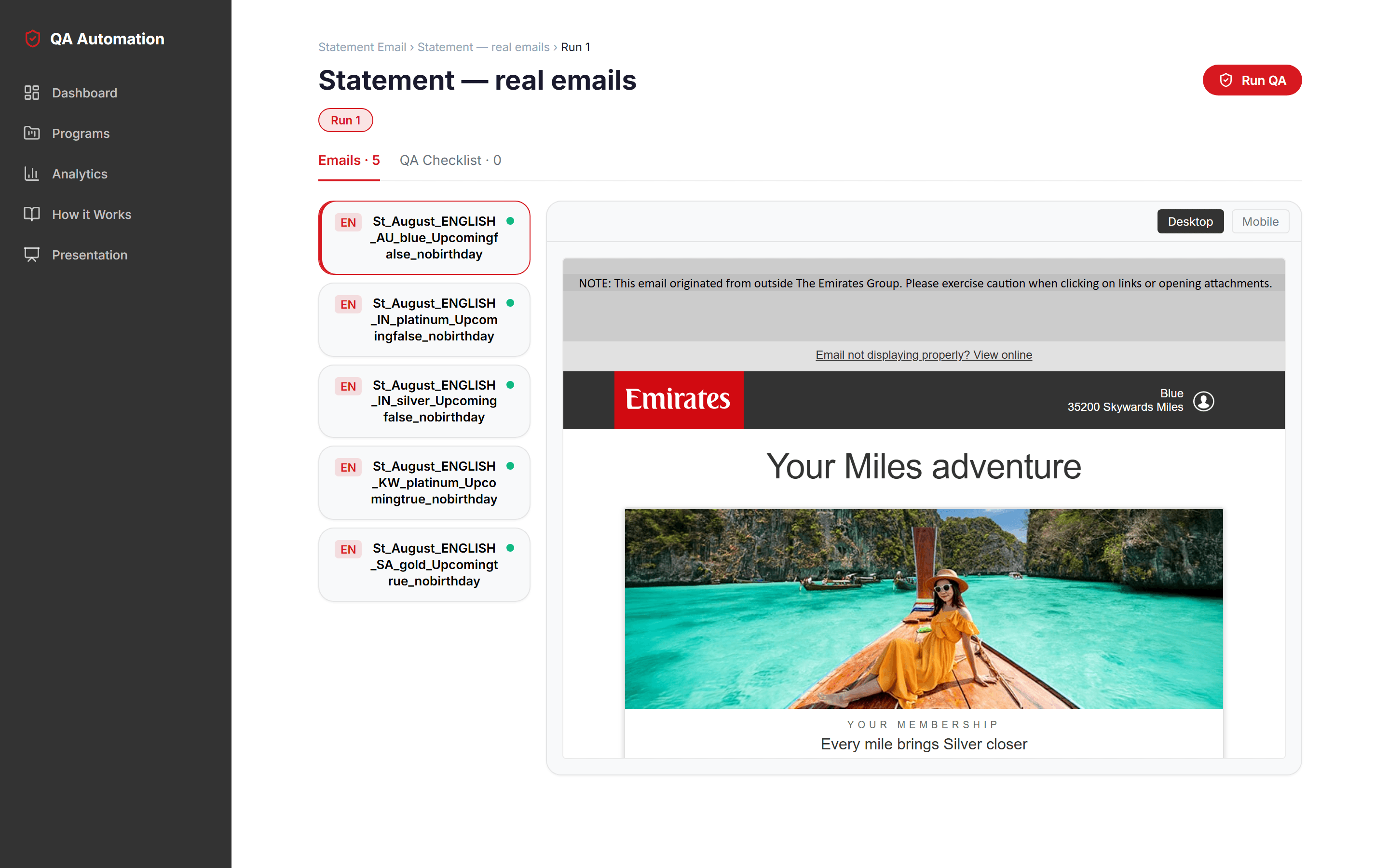 Email QA with live desktop/mobile preview